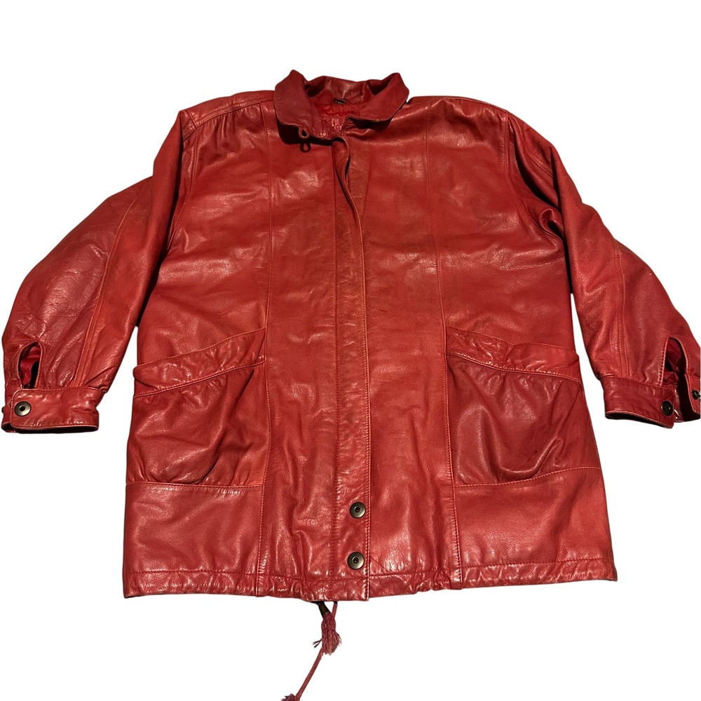 Vintage Red Genuine Leather Jacket‎ Blazer Button Front Quilted Lining Large